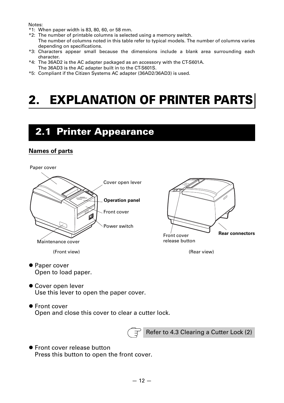 Explanation of printer parts, 1 printer appearance | Citizen Systems Line Thermal Printer CT-S601 User Manual | Page 15 / 46