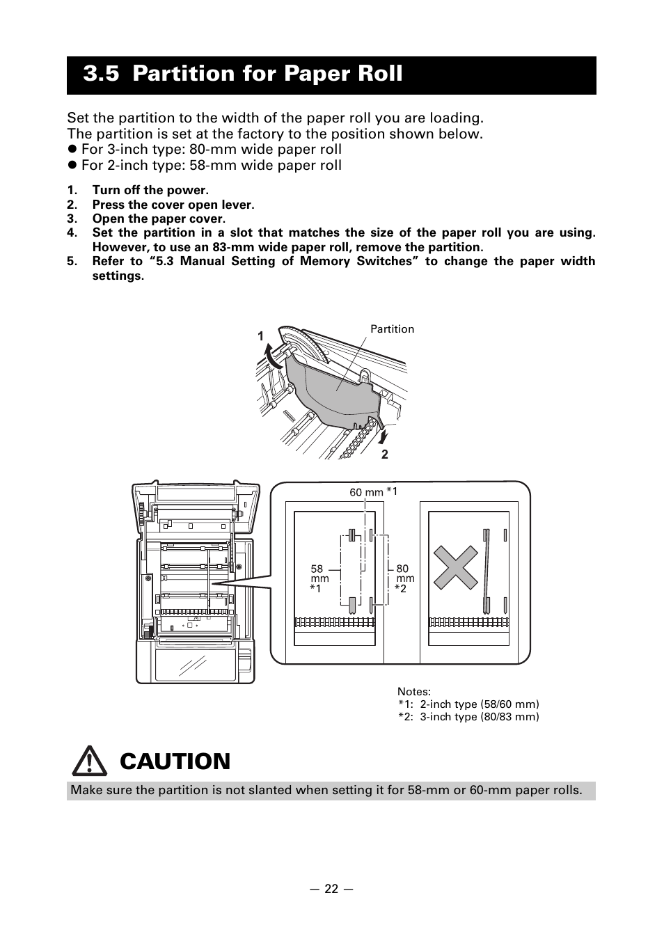 5 partition for paper roll, 5 partition for paper roll caution | Citizen Systems Line Thermal Printer CT-S601 User Manual | Page 25 / 46