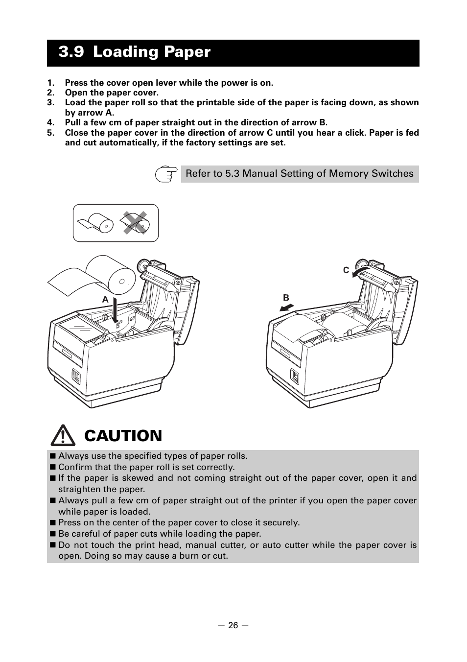 9 loading paper, Caution | Citizen Systems Line Thermal Printer CT-S601 User Manual | Page 29 / 46