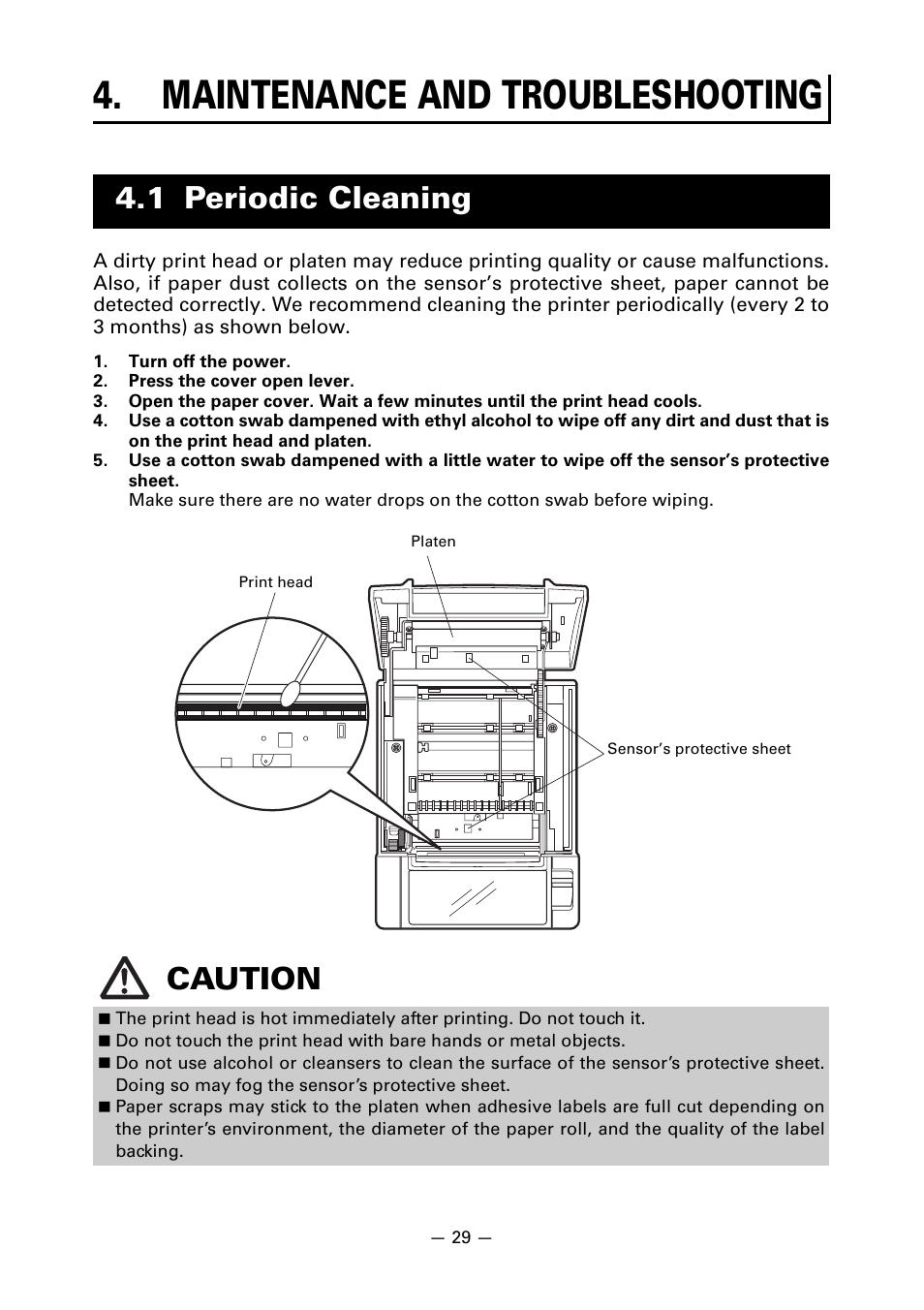 Maintenance and troubleshooting, 1 periodic cleaning, 1 periodic cleaning caution | Citizen Systems Line Thermal Printer CT-S601 User Manual | Page 32 / 46