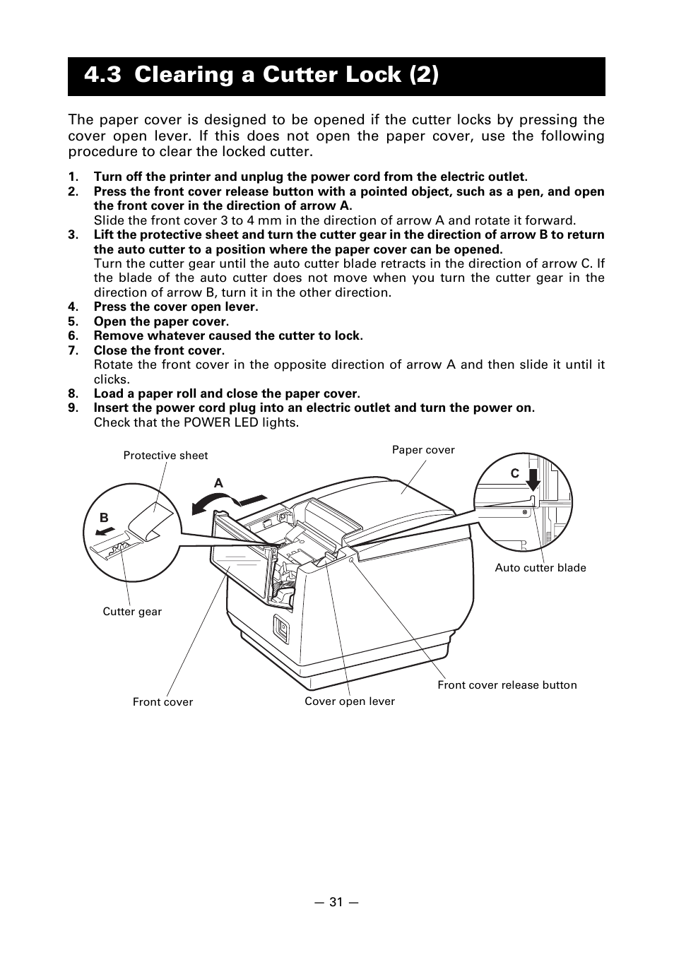 3 clearing a cutter lock (2) | Citizen Systems Line Thermal Printer CT-S601 User Manual | Page 34 / 46