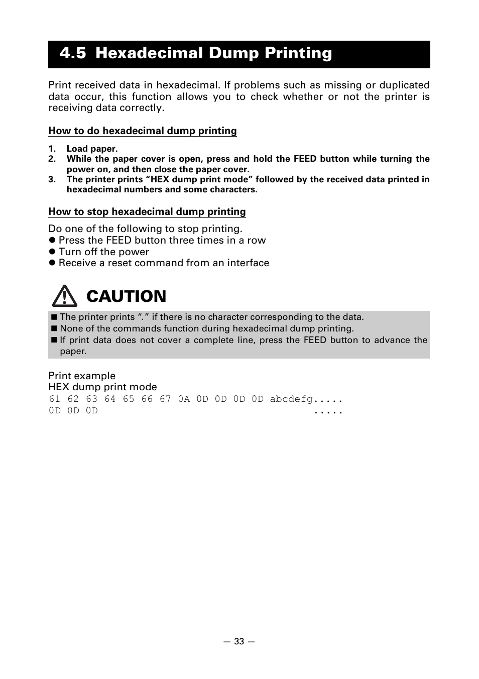 5 hexadecimal dump printing, 5 hexadecimal dump printing caution | Citizen Systems Line Thermal Printer CT-S601 User Manual | Page 36 / 46