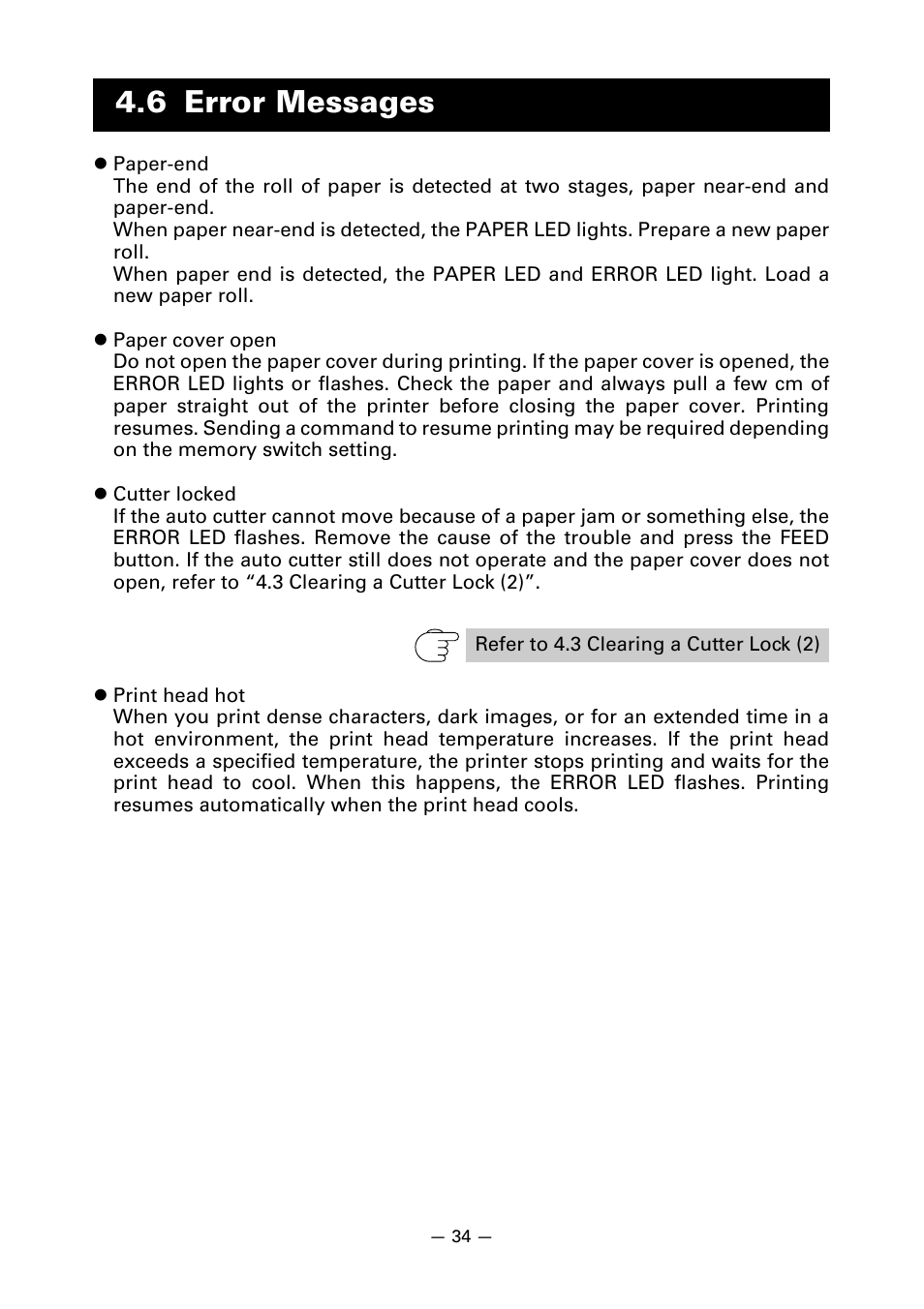 6 error messages | Citizen Systems Line Thermal Printer CT-S601 User Manual | Page 37 / 46