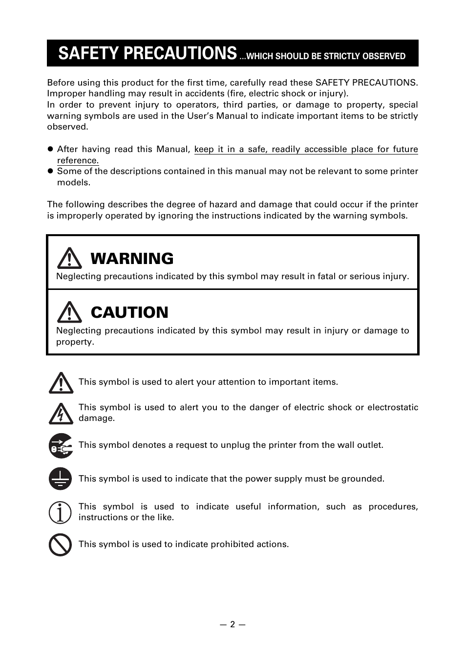 Safety precautions, Warning, Caution | Citizen Systems Line Thermal Printer CT-S601 User Manual | Page 5 / 46