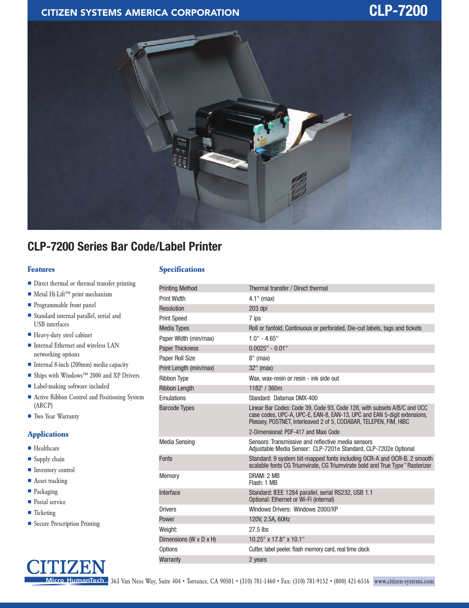 Clp-7200, Clp-7200 series bar code/label printer, Citizen systems america corporation | CITIZEN CLP-7200 User Manual | Page 2 / 2