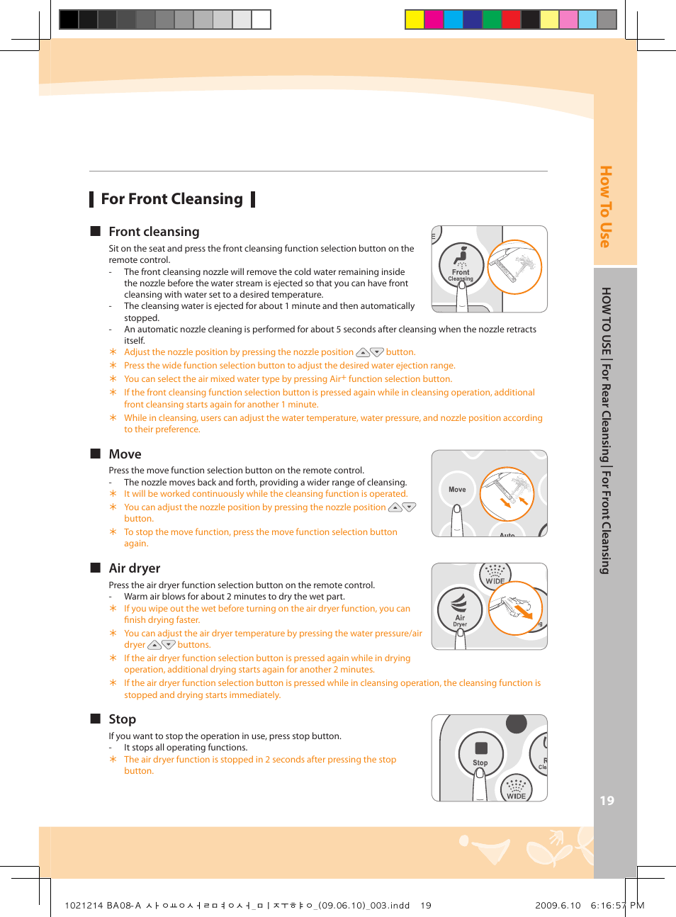 How to u se, For front cleansing, Front cleansing | Move, Air dryer, Stop | Coway BA08-AR User Manual | Page 19 / 36
