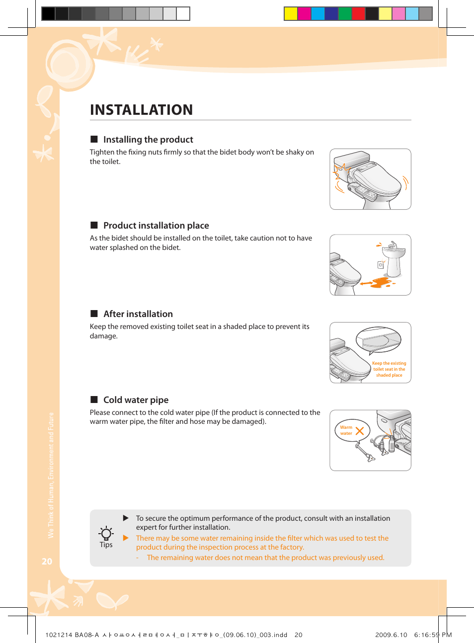 Installation, Installing the product, Product installation place | After installation, Cold water pipe | Coway BA08-AR User Manual | Page 20 / 36
