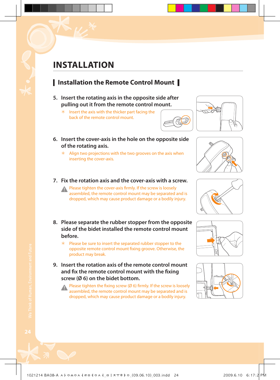 Installation, Installation the remote control mount | Coway BA08-AR User Manual | Page 24 / 36