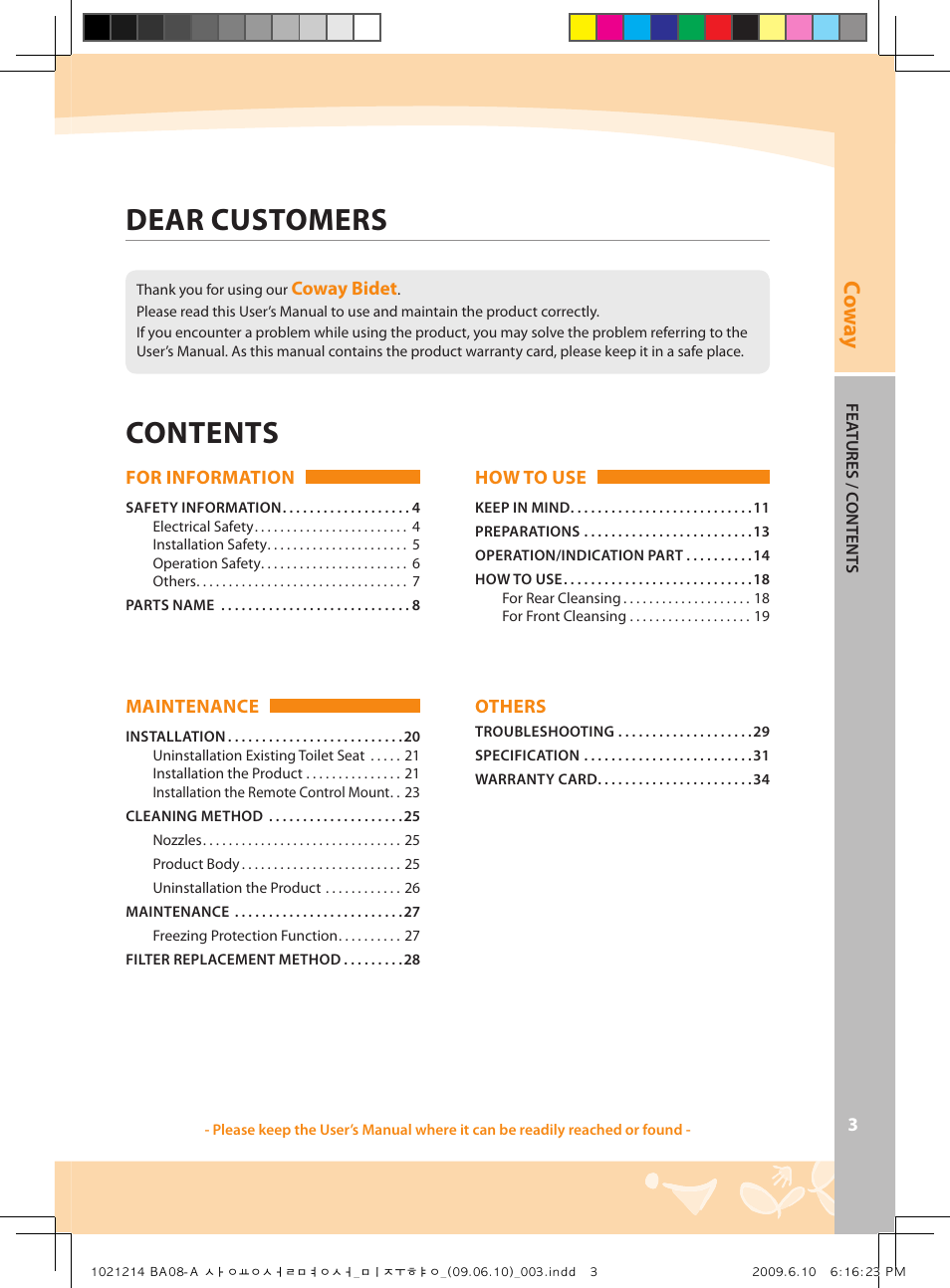Dear customers contents, Co w ay | Coway BA08-AR User Manual | Page 3 / 36