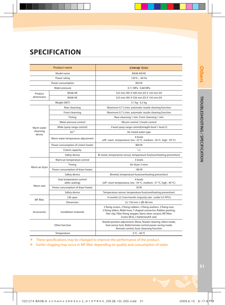 Specification, Others, Troubleshoo ting / spec if ic at ion | Coway BA08-AR User Manual | Page 31 / 36