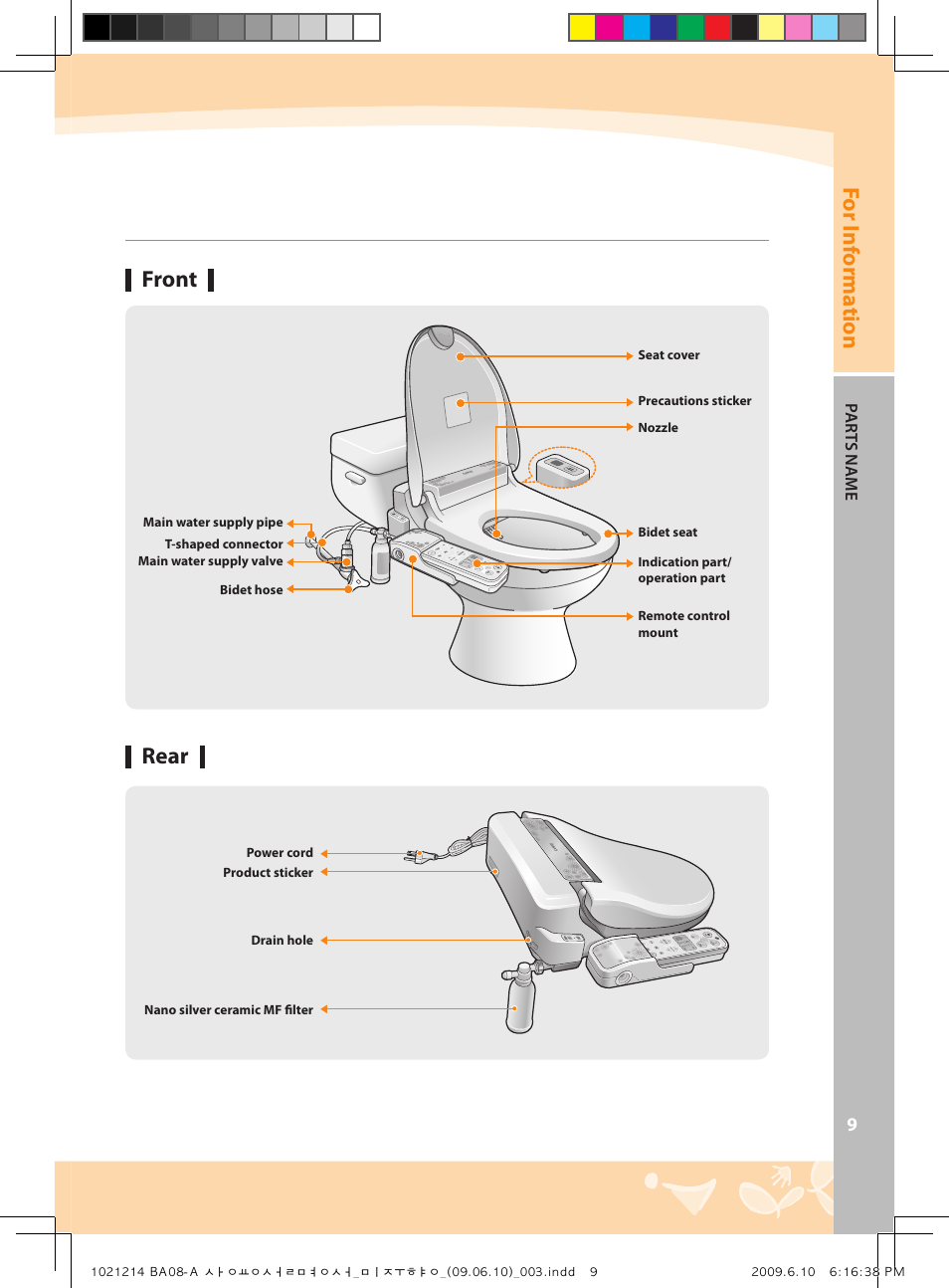 For i nf orma tion front rear | Coway BA08-AR User Manual | Page 9 / 36