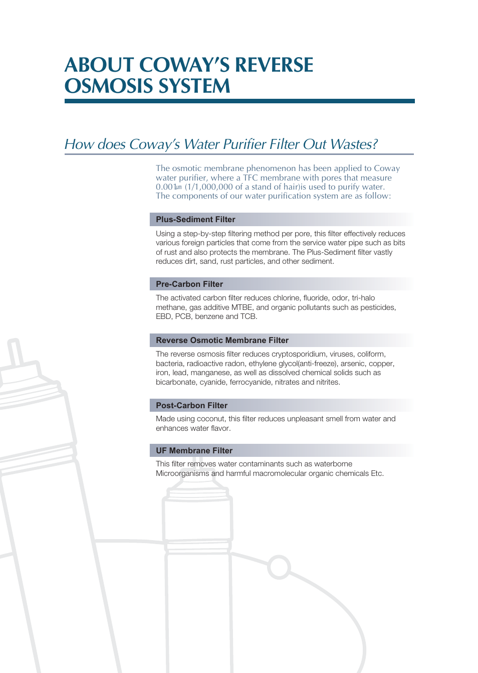 About coway’s reverse osmosis system, How does coway’s water purifier filter out wastes | Coway CHP-01BL User Manual | Page 14 / 20