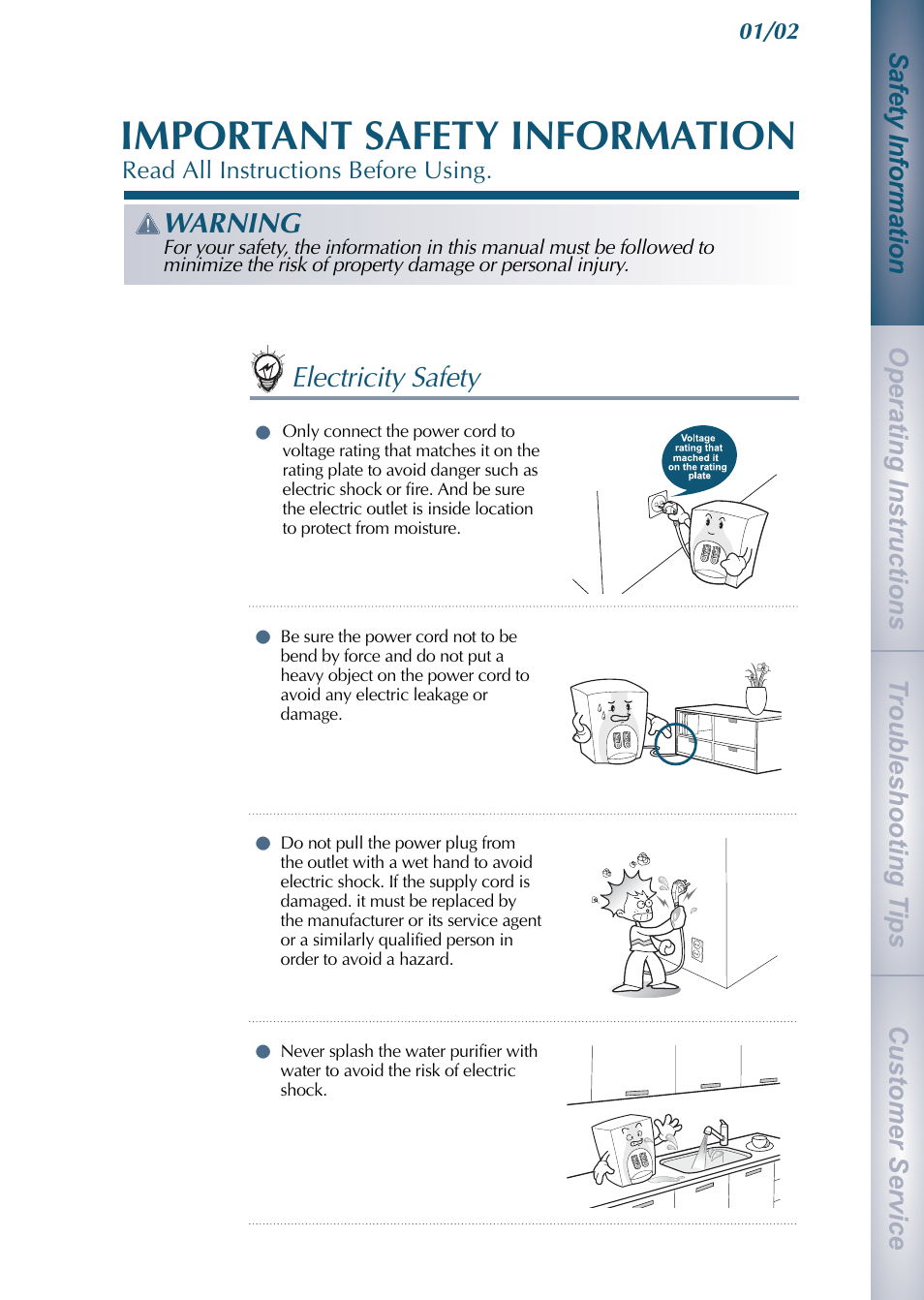Important safety information, Electricity safety, Warning | Coway CHP-01BL User Manual | Page 3 / 20