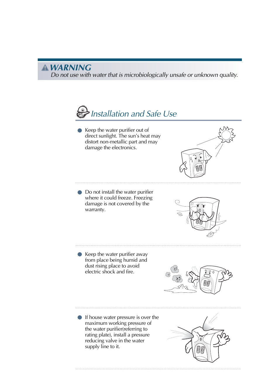 Installation and safe use, Warning | Coway CHP-01BL User Manual | Page 4 / 20
