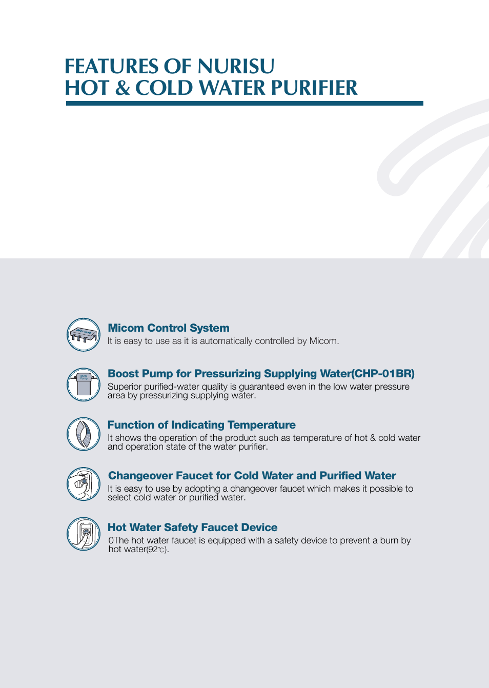 Features of nurisu hot & cold water purifier | Coway CHP-01BL User Manual | Page 6 / 20