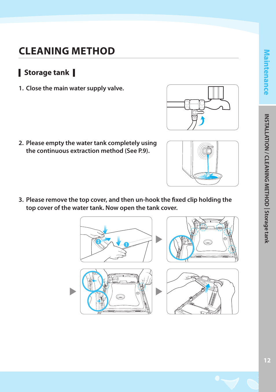 Cleaning method, Storage tank, Main tenanc e | Coway P-07CL User Manual | Page 13 / 28