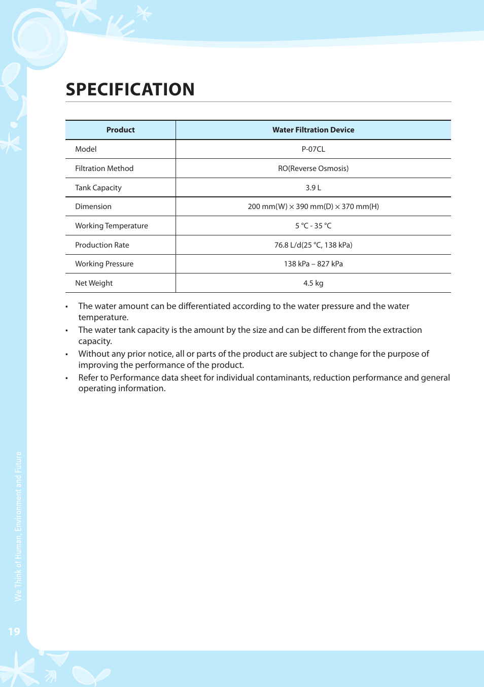 Specification | Coway P-07CL User Manual | Page 20 / 28