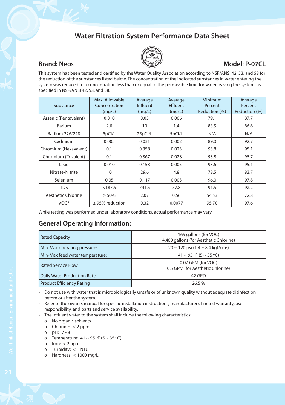 Water filtration system performance data sheet, Brand: neos model: p-07cl, General operating information | Coway P-07CL User Manual | Page 22 / 28