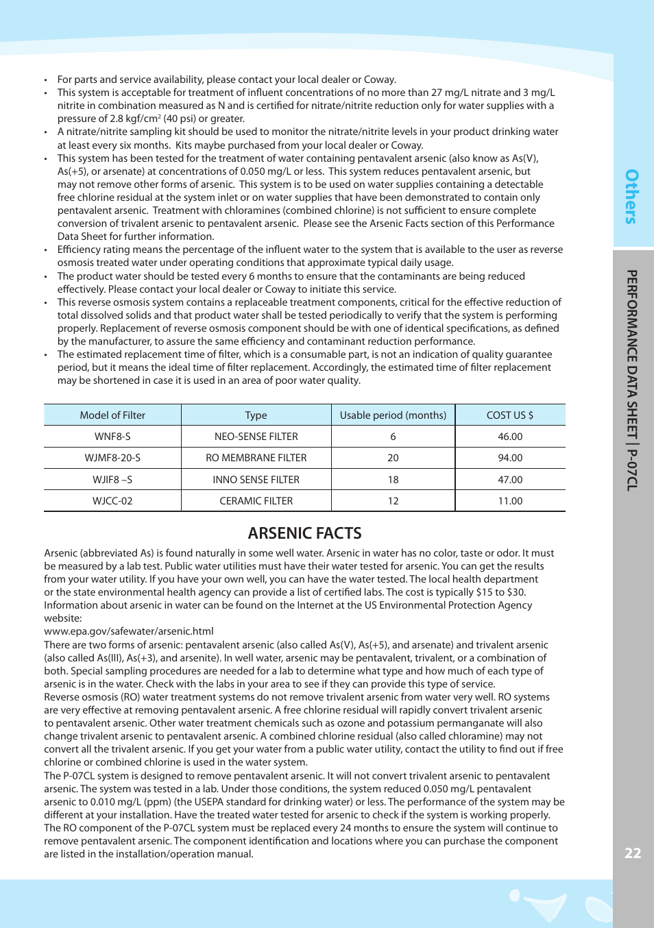 Others, Arsenic facts, Perform ance d at a shee t | p -07c l | Coway P-07CL User Manual | Page 23 / 28