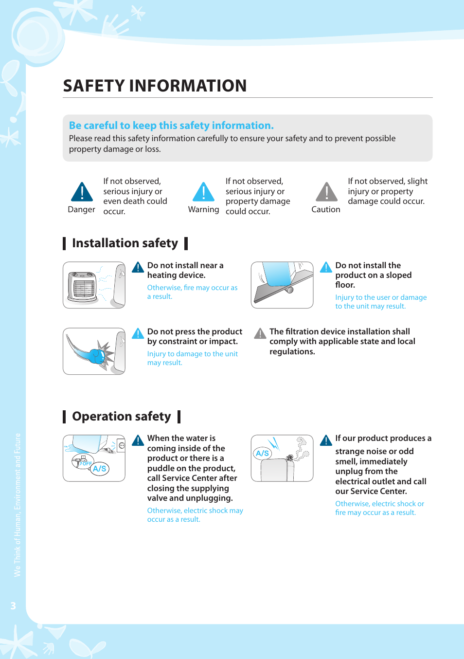 Safety information, Installation safety, Operation safety | Be careful to keep this safety information | Coway P-07CL User Manual | Page 4 / 28