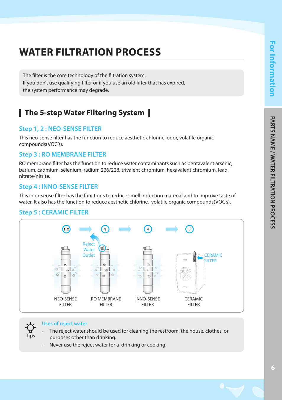 Water filtration process, The 5-step water filtering system, For i nf orma tion | Coway P-07CL User Manual | Page 7 / 28