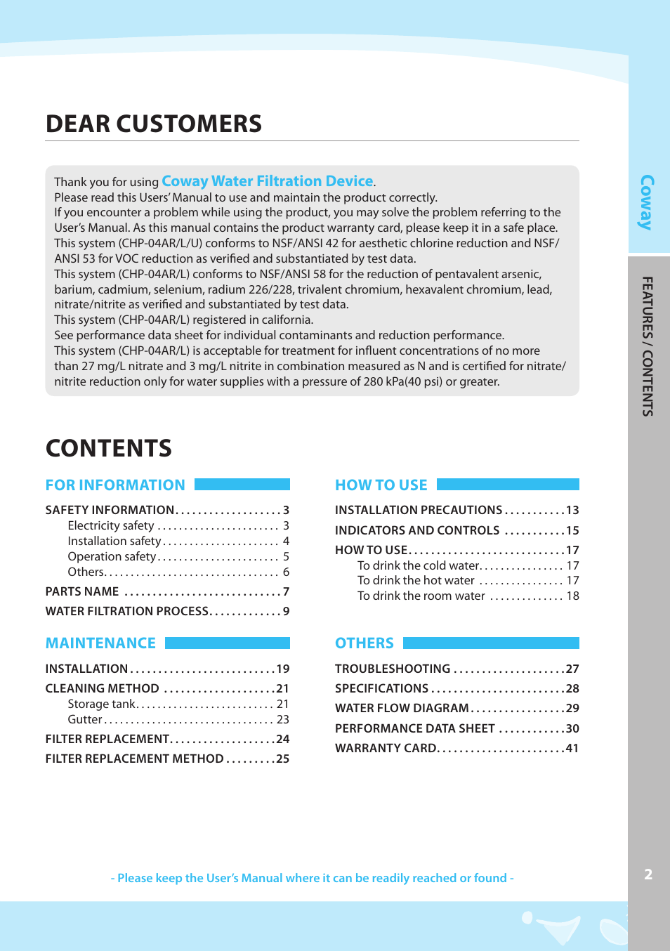 Dear customers contents, Co w ay | Coway CHP-04AL User Manual | Page 3 / 44