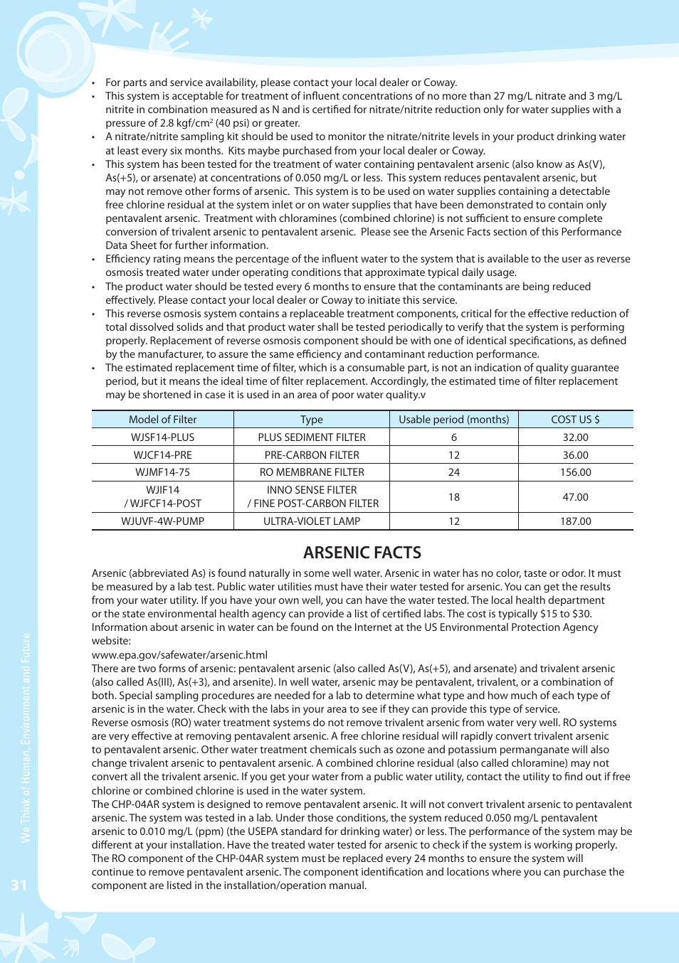 Arsenic facts | Coway CHP-04AL User Manual | Page 32 / 44