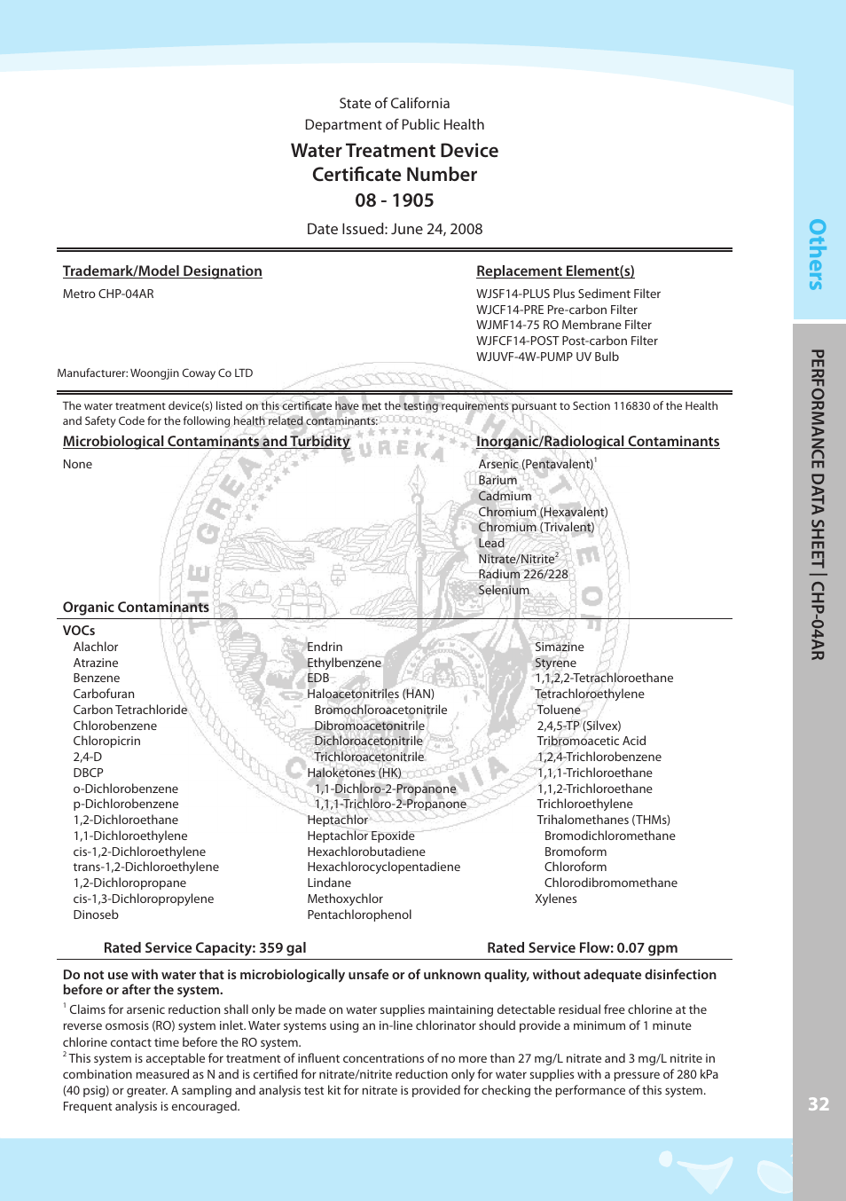 Others, Perfor m ance d at a shee t | chp -04ar | Coway CHP-04AL User Manual | Page 33 / 44