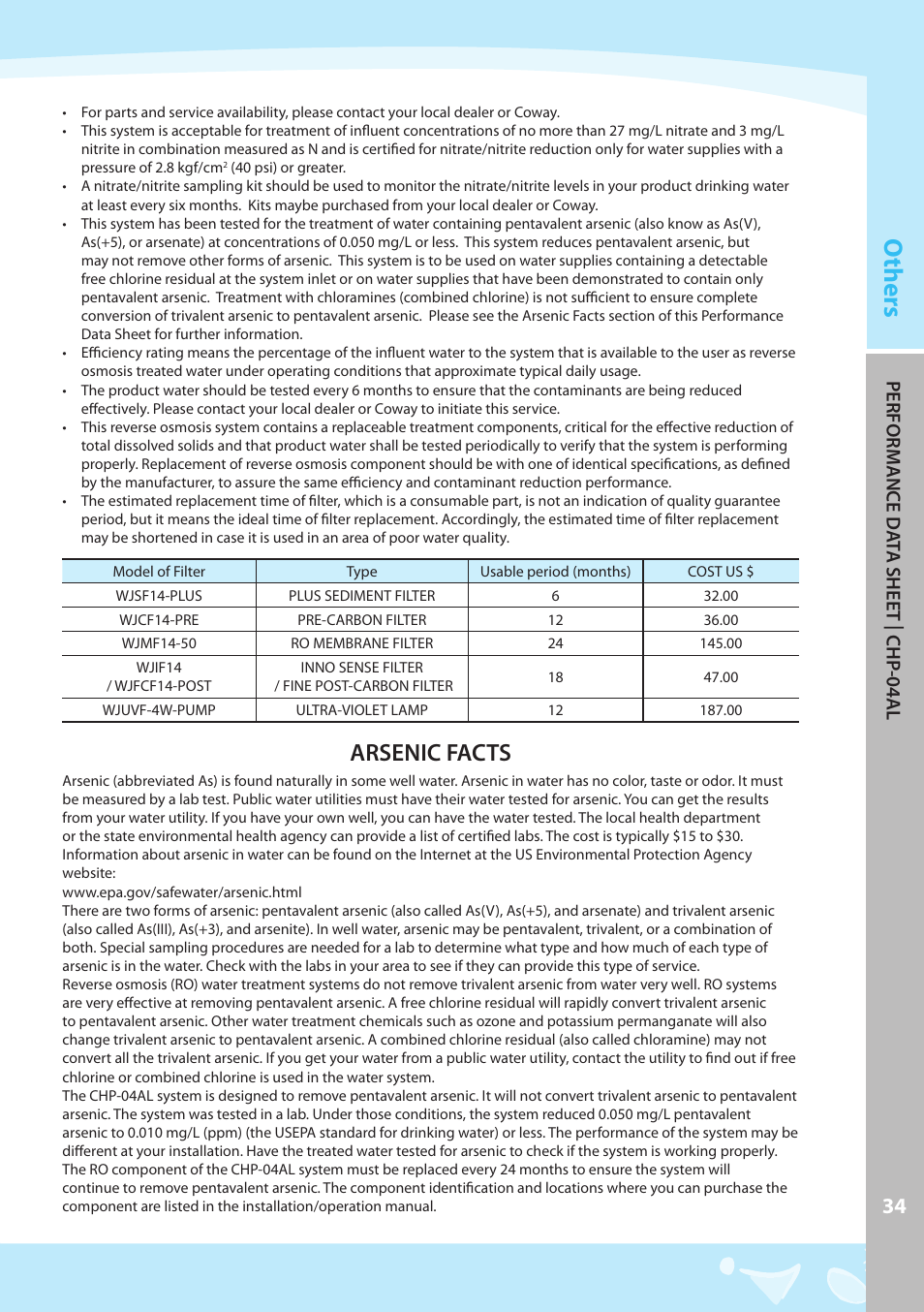 Others, Arsenic facts, Perfor m ance d at a shee t | chp -04a l | Coway CHP-04AL User Manual | Page 35 / 44