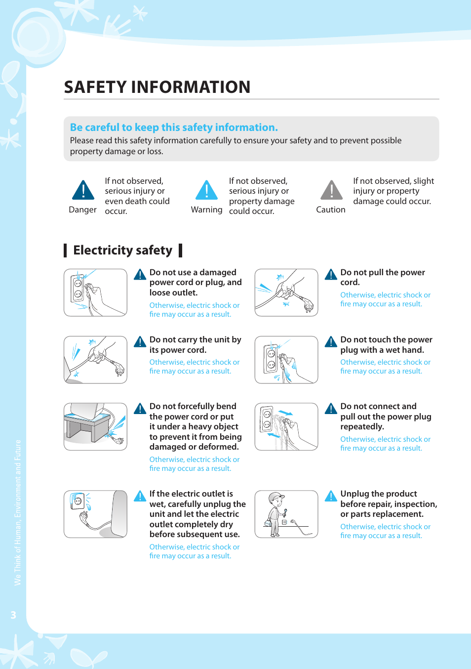 Safety information, Electricity safety, Be careful to keep this safety information | Coway CHP-04AL User Manual | Page 4 / 44