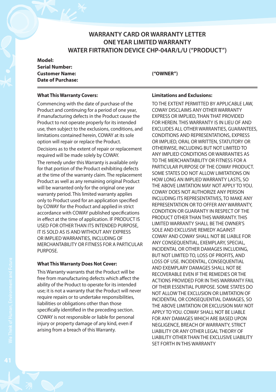 Coway CHP-04AL User Manual | Page 42 / 44