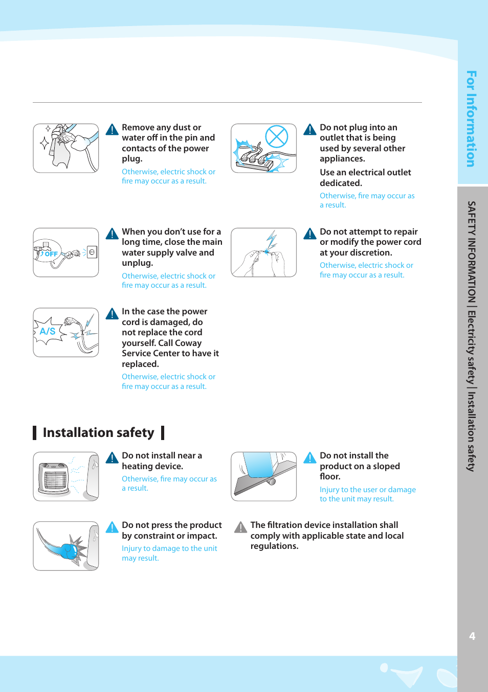 For i nf orma tion, Installation safety | Coway CHP-04AL User Manual | Page 5 / 44