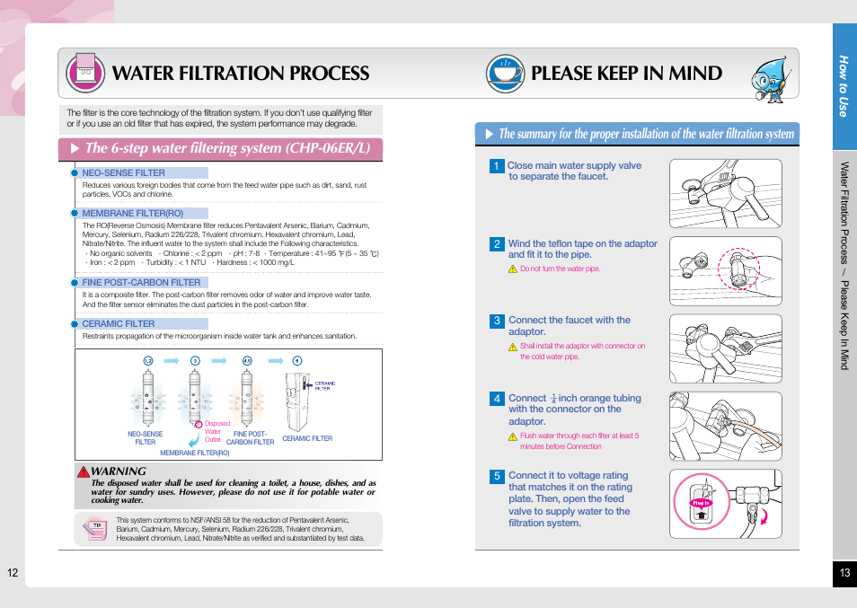 Water filtration process, Please keep in mind, The 6-step water filtering system (chp-06er/l) | Coway CHP-06ER/L User Manual | Page 7 / 18