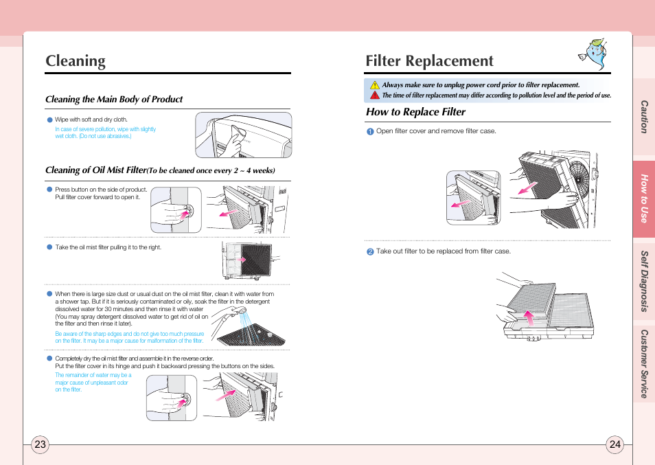 Filter replacement, Cleaning | Coway AP-2505CH User Manual | Page 13 / 16