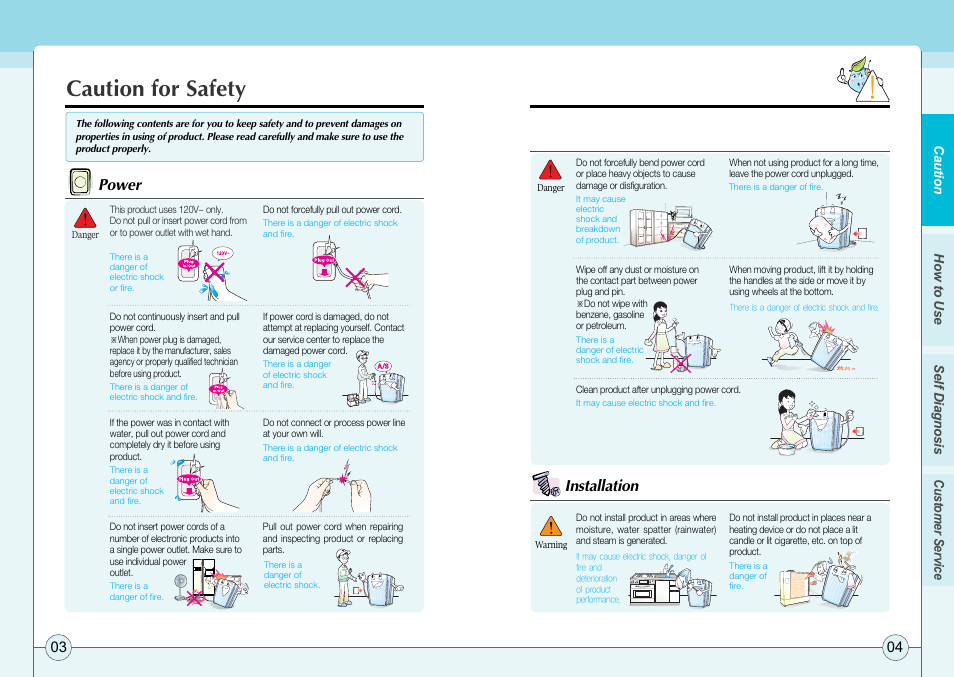 Caution for safety, Power, Installation | Coway AP-2505CH User Manual | Page 3 / 16