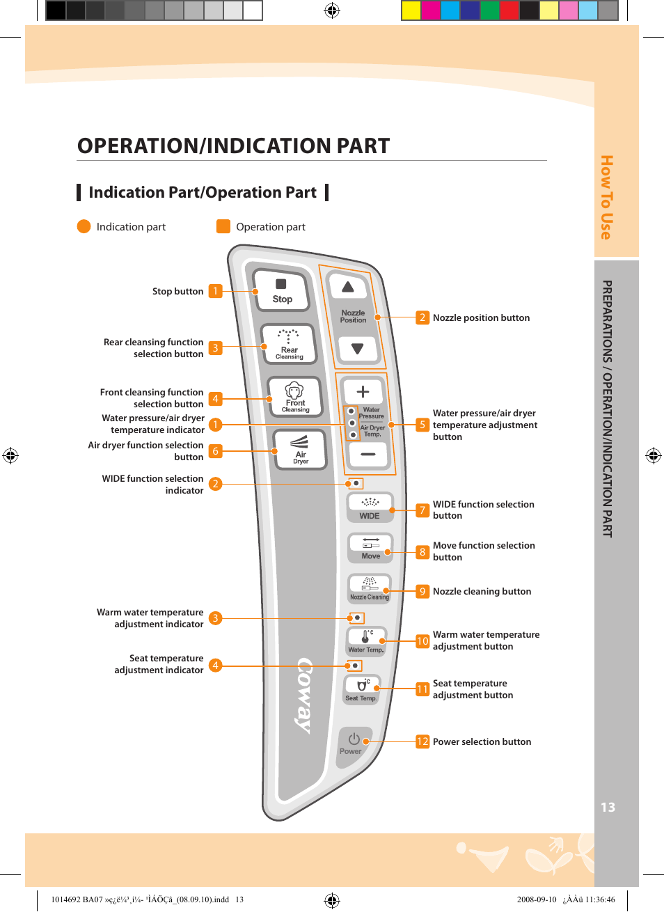 Preparations, Operation/indication part, Ho w to u se | Indication part/operation part | Coway BA07-R User Manual | Page 13 / 32