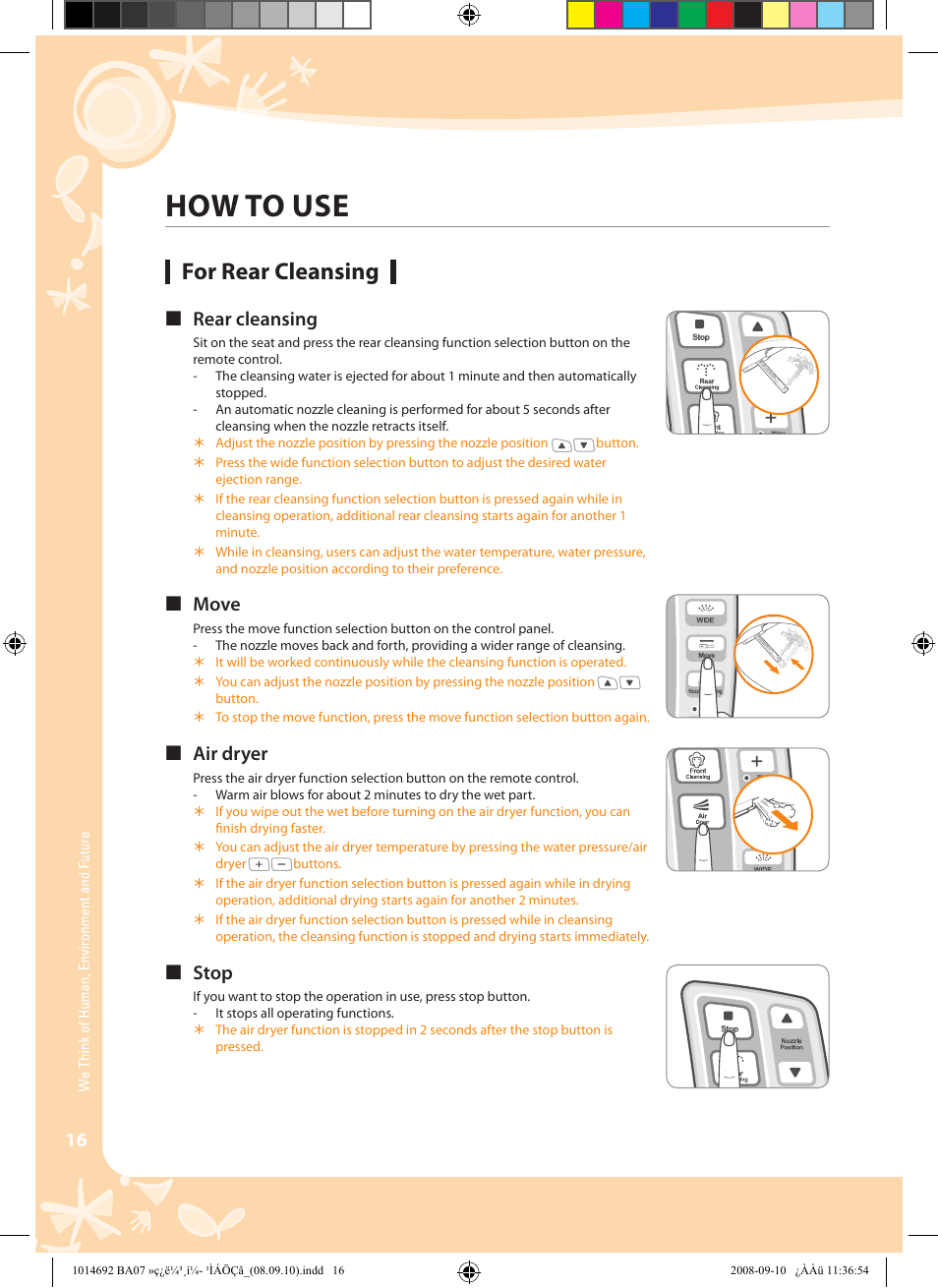 How to use, For rear cleansing, Rear cleansing | Move, Air dryer, Stop | Coway BA07-R User Manual | Page 16 / 32