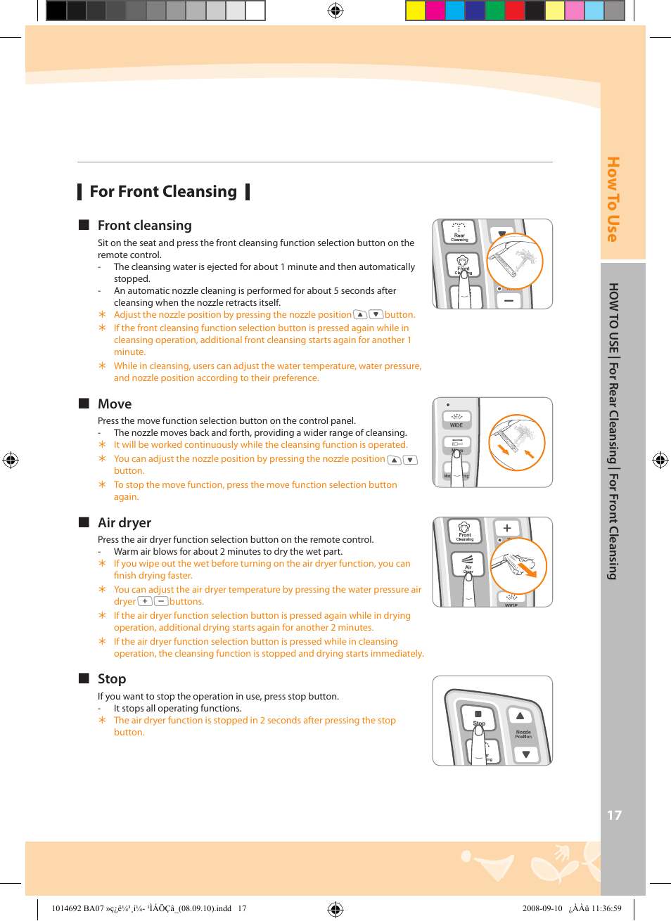 Ho w to u se, For front cleansing, Front cleansing | Move, Air dryer, Stop | Coway BA07-R User Manual | Page 17 / 32