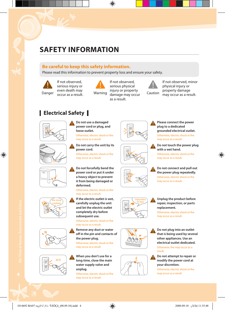 For information, Safety information, Electricity safety | Electrical safety, Be careful to keep this safety information | Coway BA07-R User Manual | Page 4 / 32