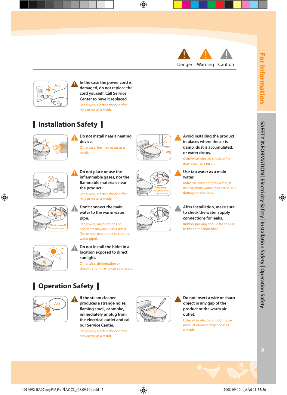 Installation safety, Operation safety, Installation safety operation safety | For inf orma tion | Coway BA07-R User Manual | Page 5 / 32