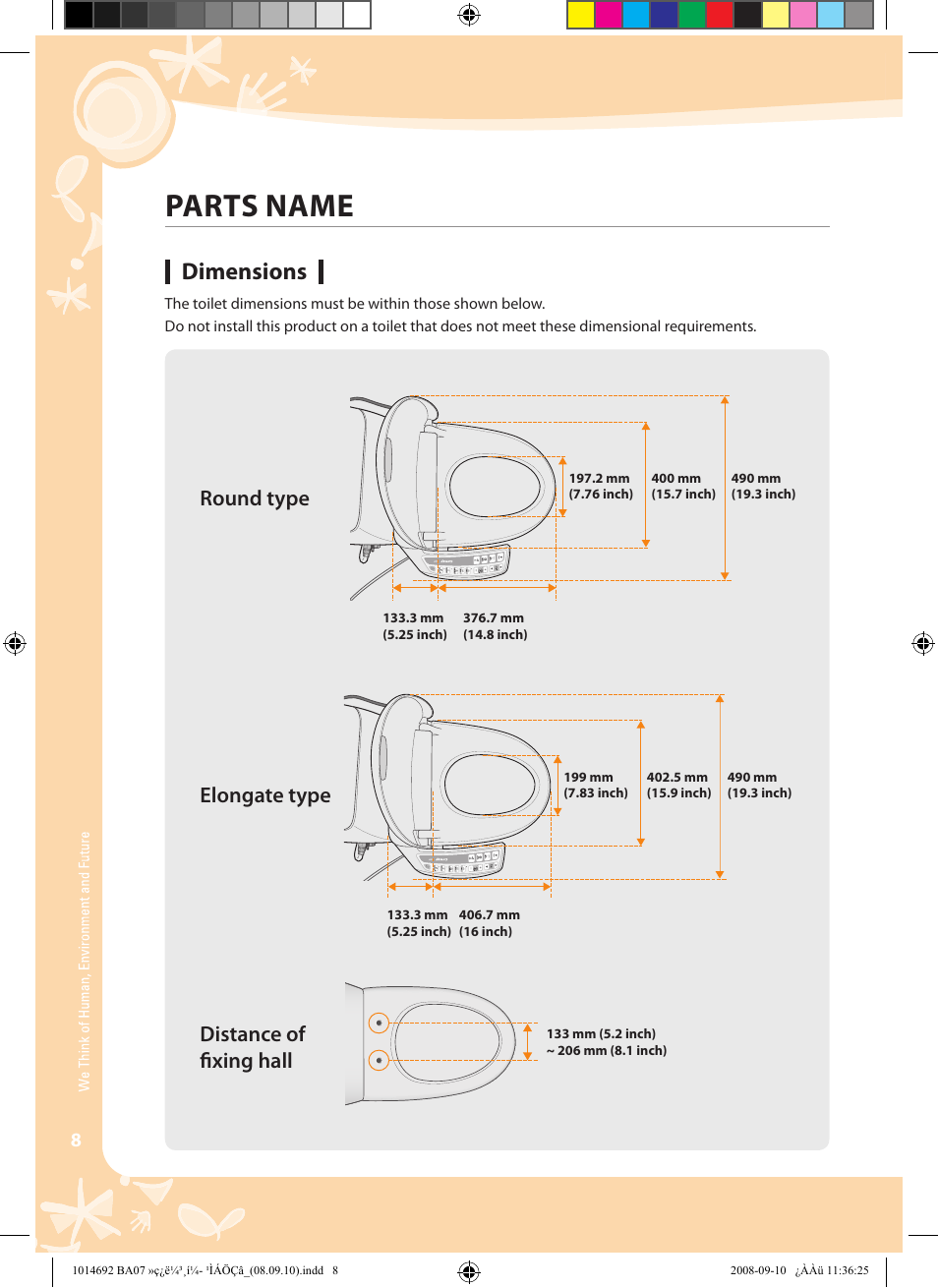 Parts name, Dimensions, Round type | Elongate type, Distance of ﬁxing hall | Coway BA07-R User Manual | Page 8 / 32