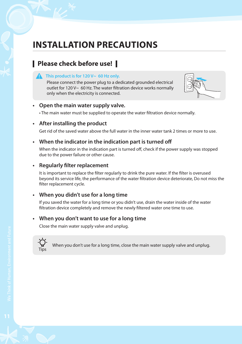 Installation precautions, Please check before use | Coway CPE-06ALB User Manual | Page 12 / 36