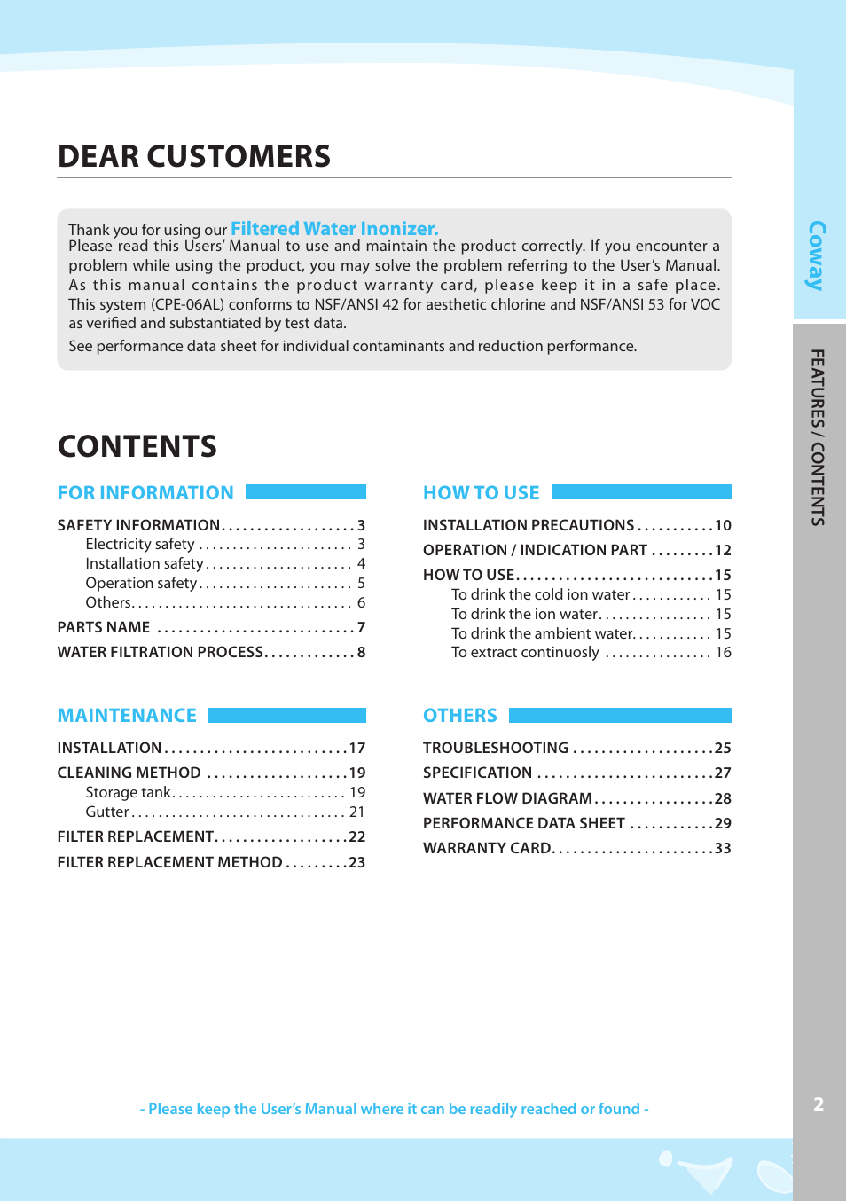 Dear customers contents, Co w ay | Coway CPE-06ALB User Manual | Page 3 / 36