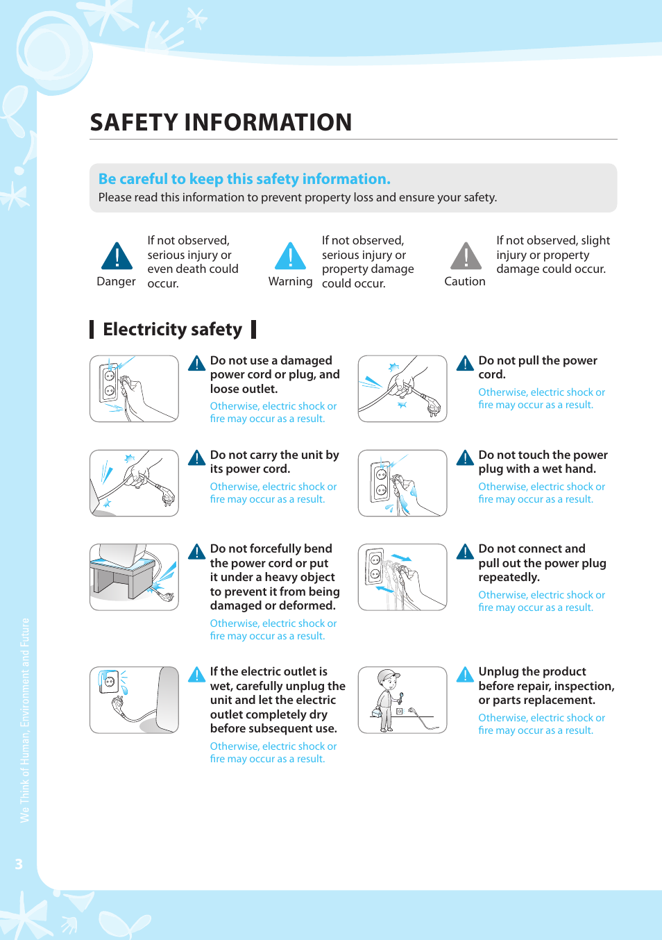 Safety information, Electricity safety, Be careful to keep this safety information | Coway CPE-06ALB User Manual | Page 4 / 36