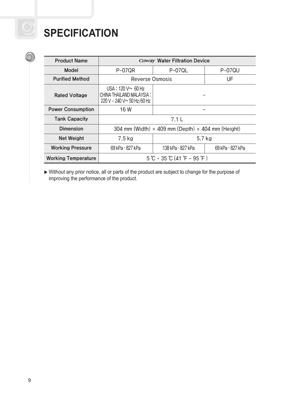 Specification | Coway P-07QR User Manual | Page 10 / 32