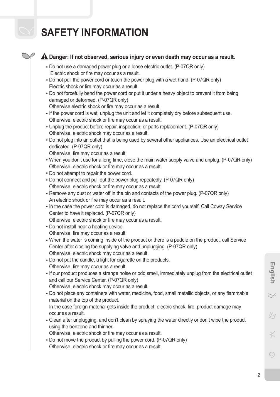 Safety information | Coway P-07QR User Manual | Page 3 / 32