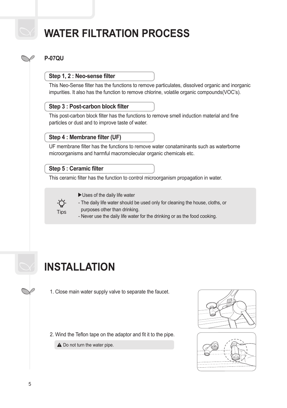 Installation water filtration process | Coway P-07QR User Manual | Page 6 / 32