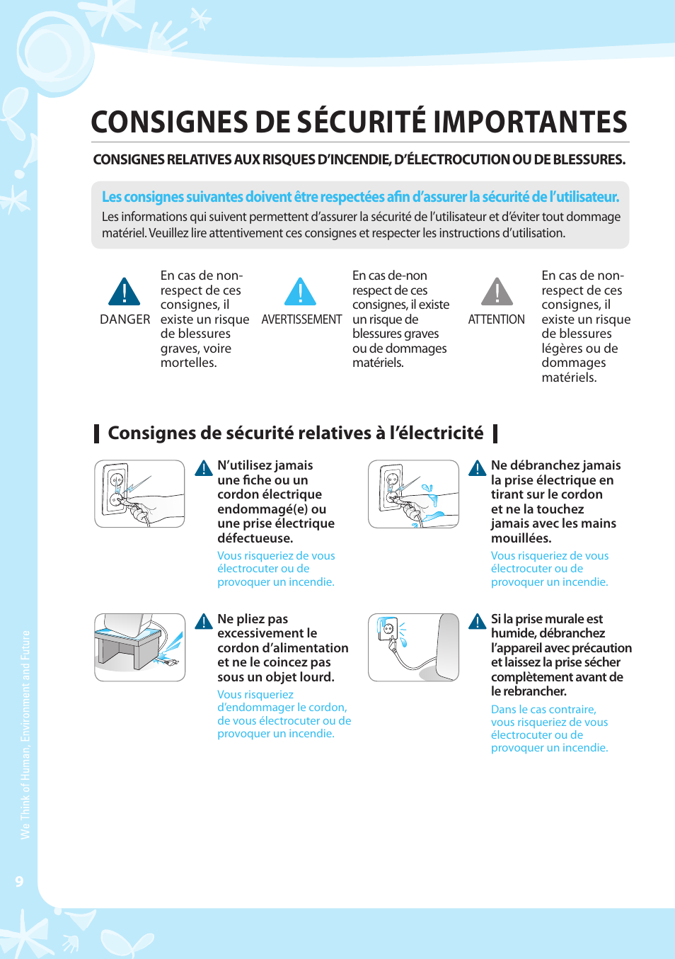 Consignes de sécurité importantes, Consignes de sécurité relatives à l’électricité | Coway EW-07GU User Manual | Page 10 / 48