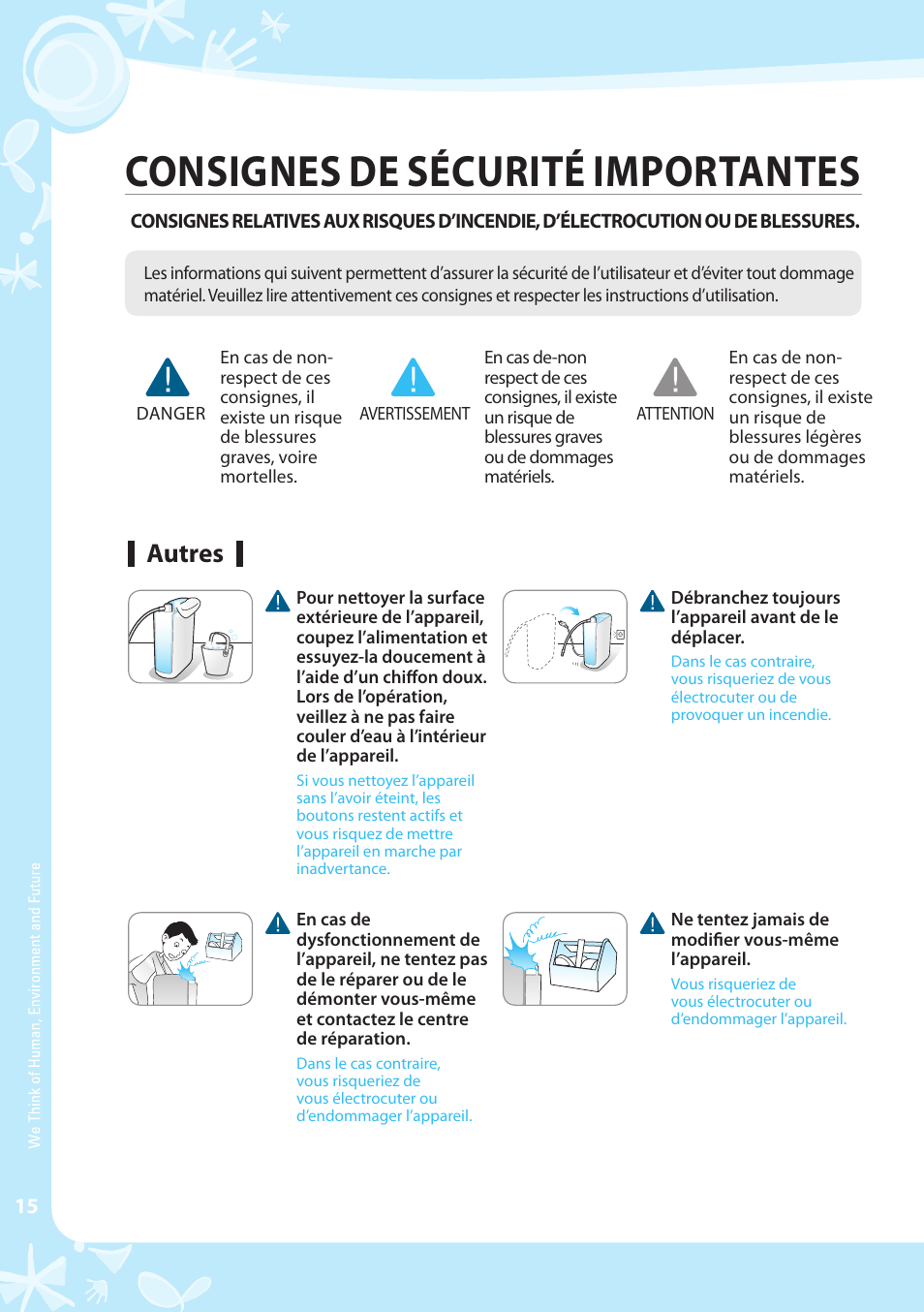 Consignes de sécurité importantes, Autres | Coway EW-07GU User Manual | Page 16 / 48