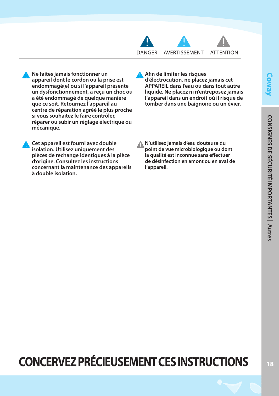 Concervez précieusement ces instructions, Co w ay | Coway EW-07GU User Manual | Page 19 / 48